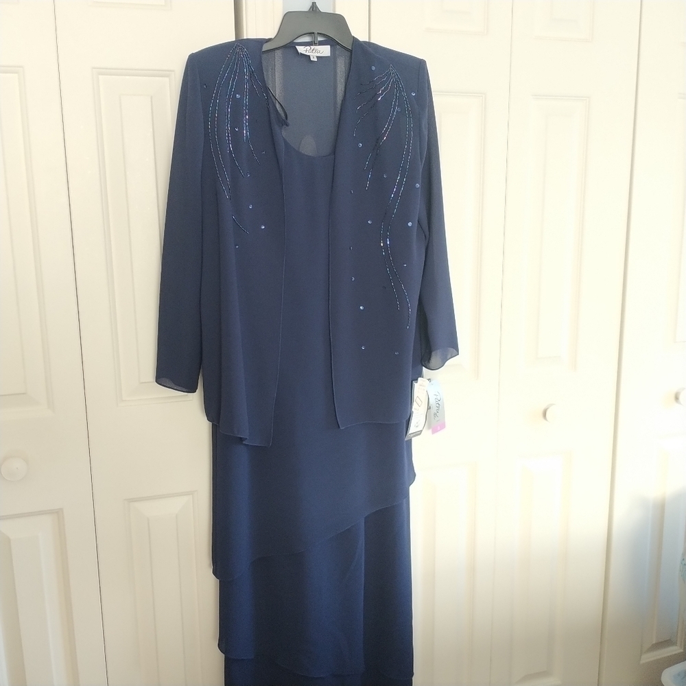 Lord & Taylor Patra Dark Navy Chiffon Tiered Sleeveless Dress with Bead Jacket 8